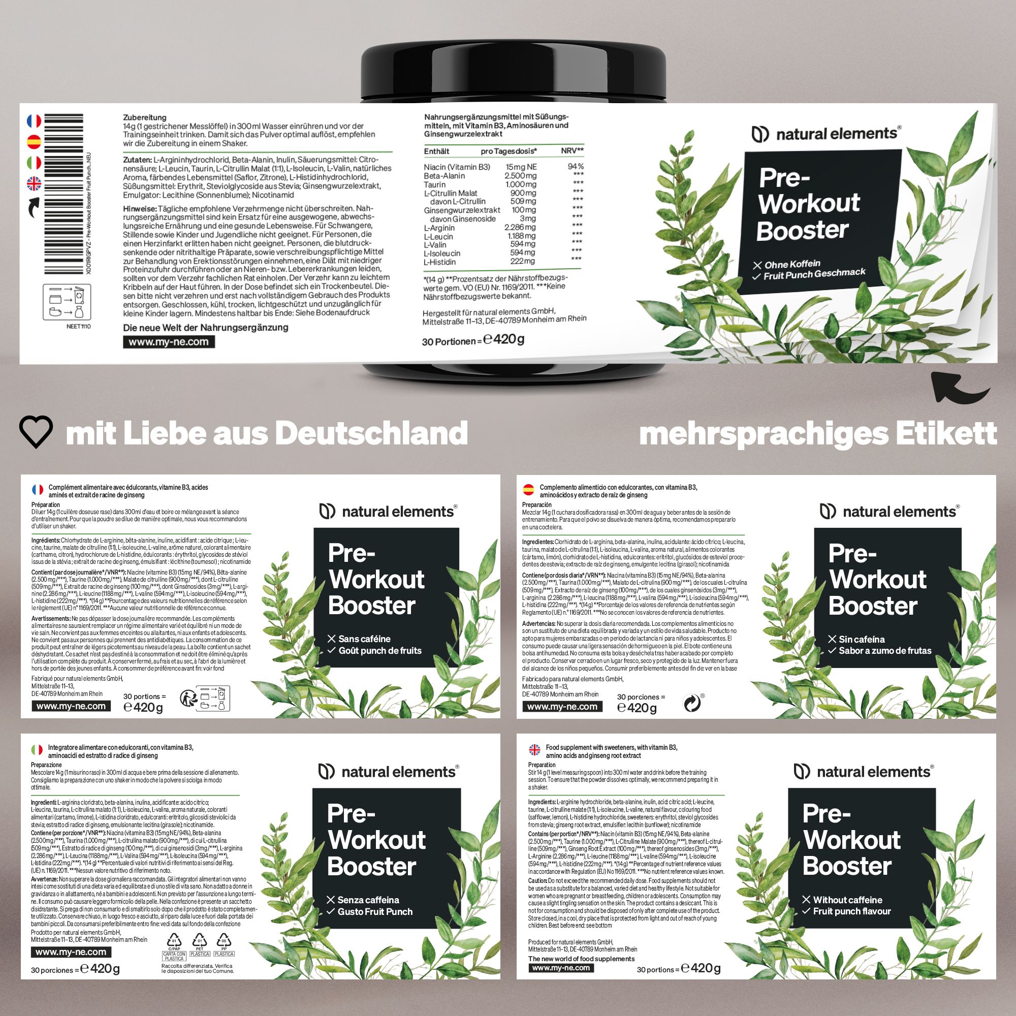 Mehrsprachiges Etikett mit Informationen zu Pre-Workout Booster. Enthält Nährwertangaben, Inhaltsstoffe und Produktinformationen.