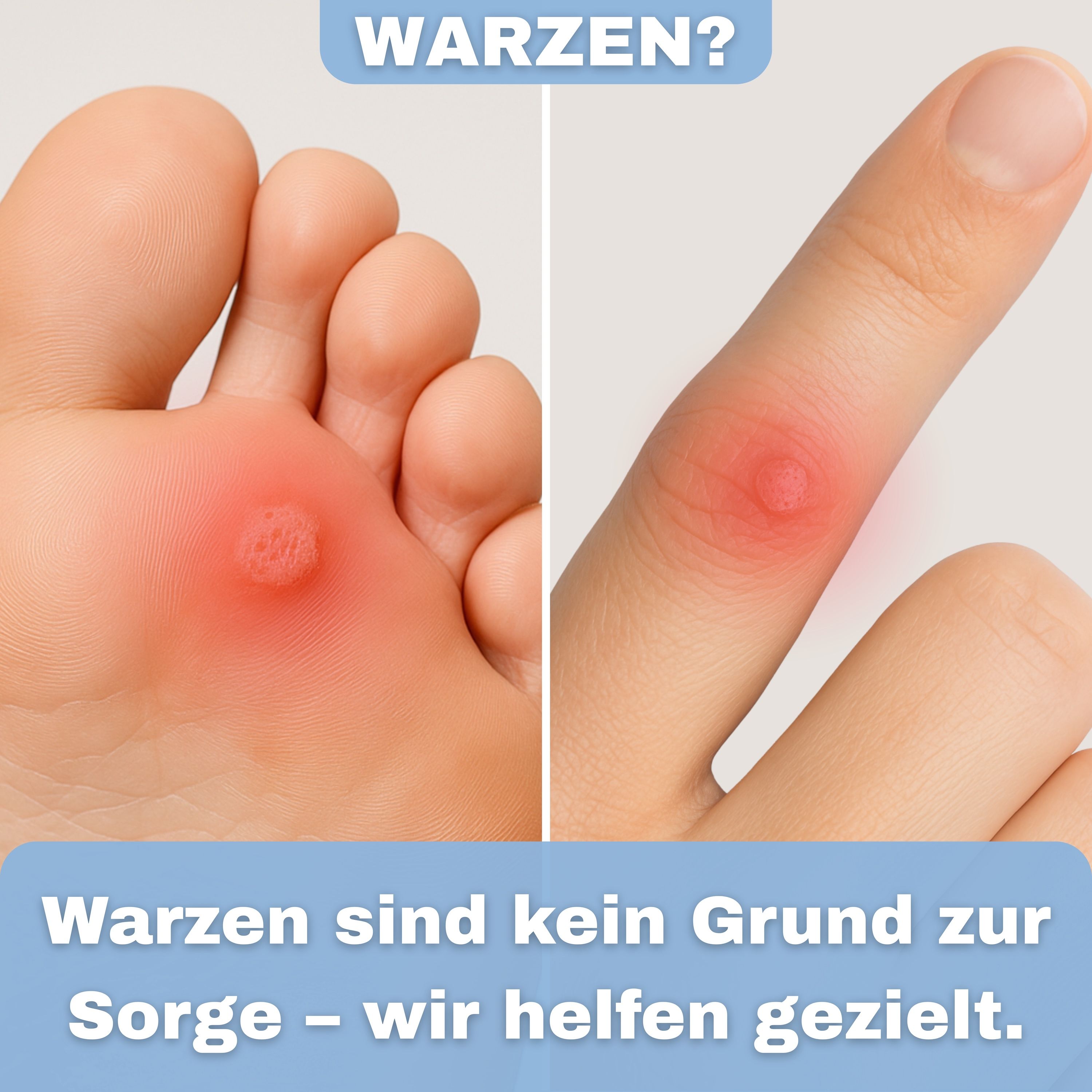 Fußsohle und Finger mit roten Warzen. Text: Warzen sind kein Grund zur Sorge – wir helfen gezielt.