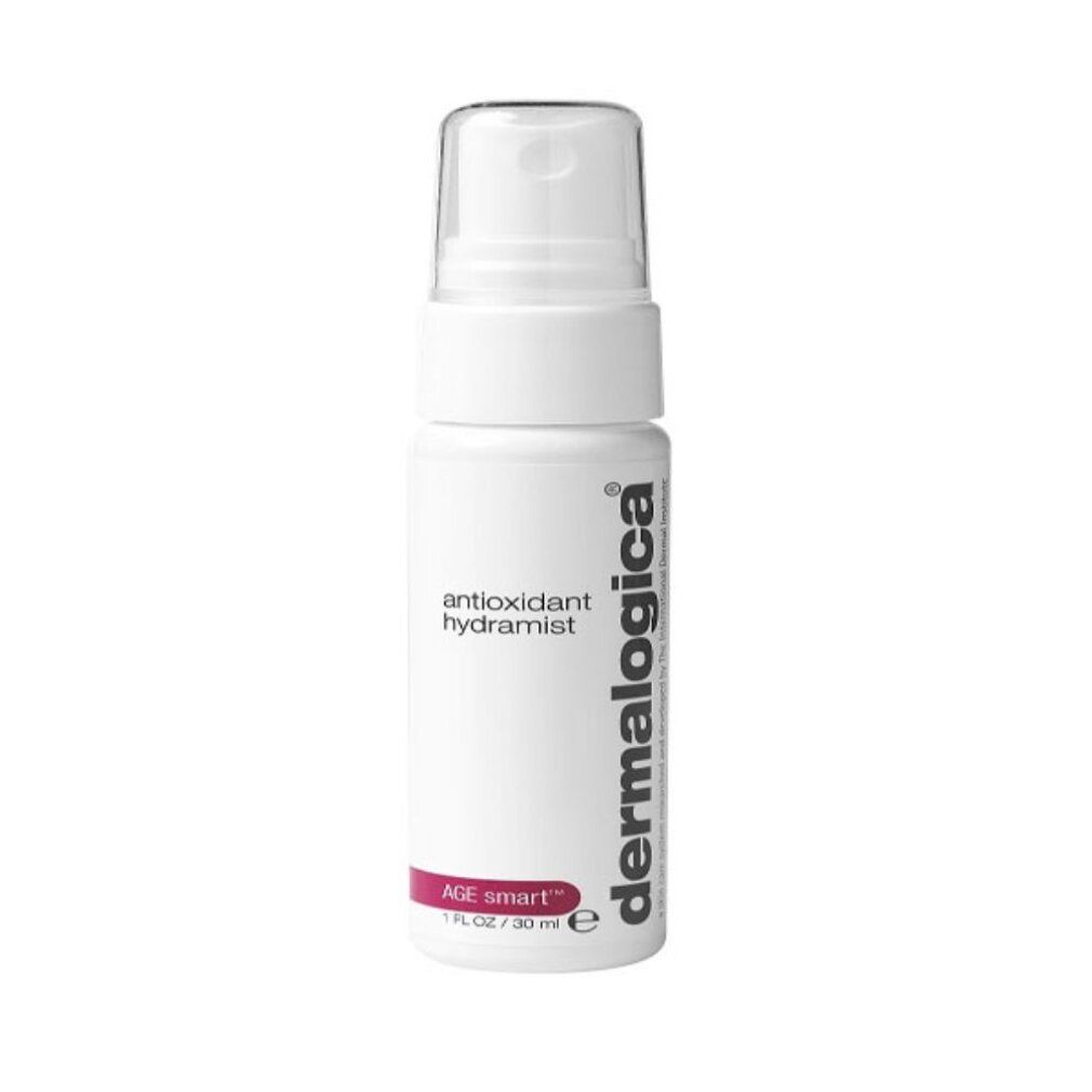 Weiße Sprühflasche mit durchsichtigem Deckel. Aufschrift: antioxidant hydramist, Dermalogica. Lilafarbener Streifen mit AGE smart.