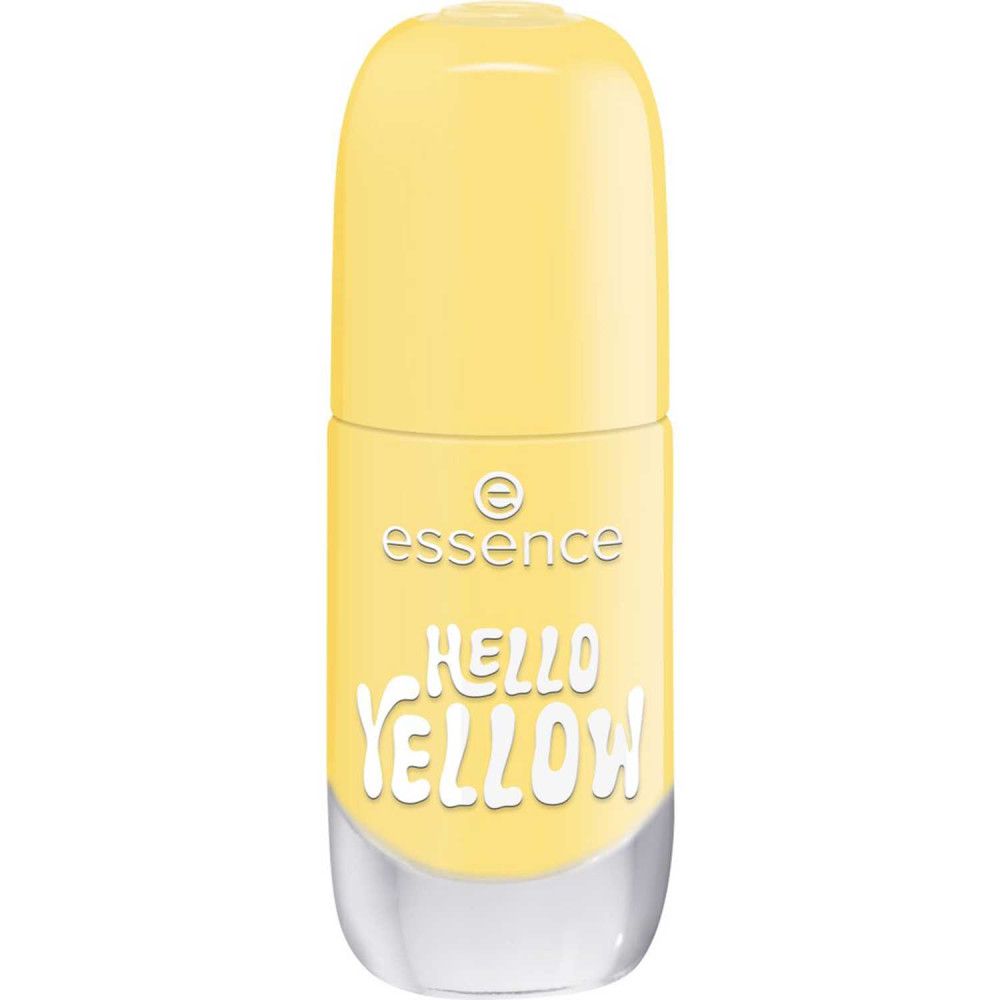 Gel-Nagellack, gelb. Geschlossene Flasche mit Aufschrift "HELLO YELLOW" und "essence".