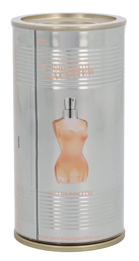 Silberfarbene Dose mit Aufdruck. Abgebildet: Parfümflakon in Form eines Körpers. Produktname: Eau de Toilette.