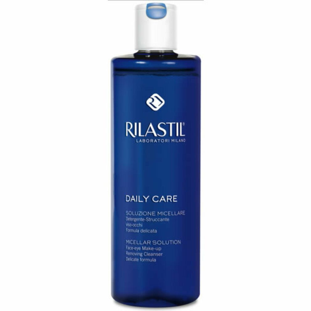 Blaue Flasche mit weißem Deckel. Aufschrift: RILASTIL, DAILY CARE, Micellar Solution. Für empfindliche Haut.