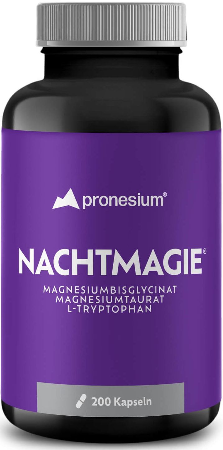 Dunkle Flasche mit lila Etikett. Aufschrift: NACHTMAGIE, Magnesiumbisglycinat, Magnesiumtaurat, L-Tryptophan. 200 Kapseln.