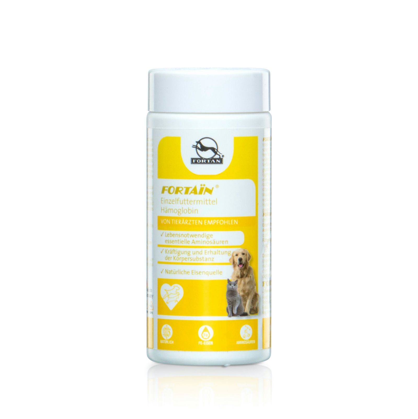 Weiße Dose mit gelbem Etikett. "FORTAIN" und Produktinformationen. Abbildung von Hund und Katze.