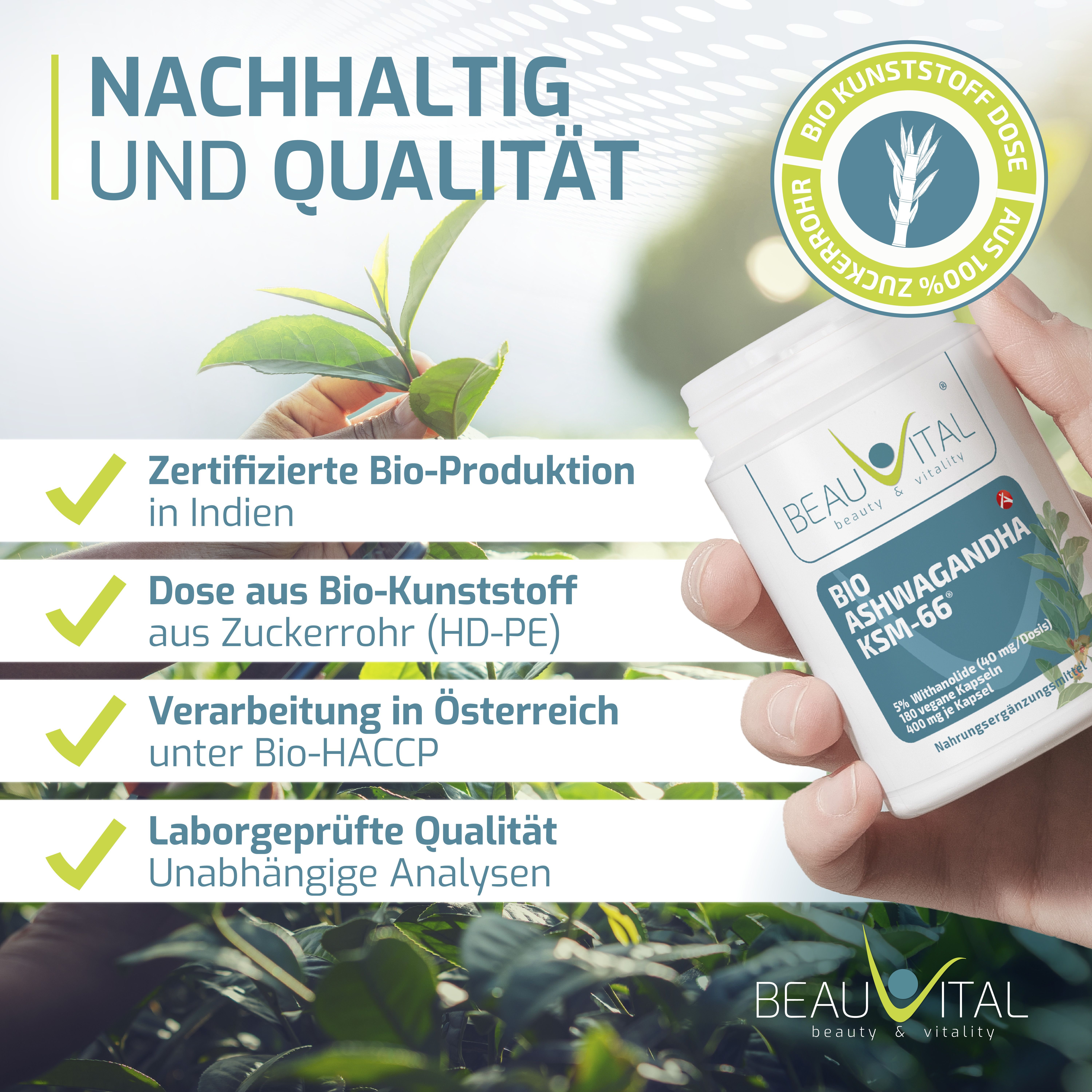 BEAUVITAL® Bio-Ashwagandha KSM-66® hochdosiert 12:1 Premiumextrakt 5% Withanolide