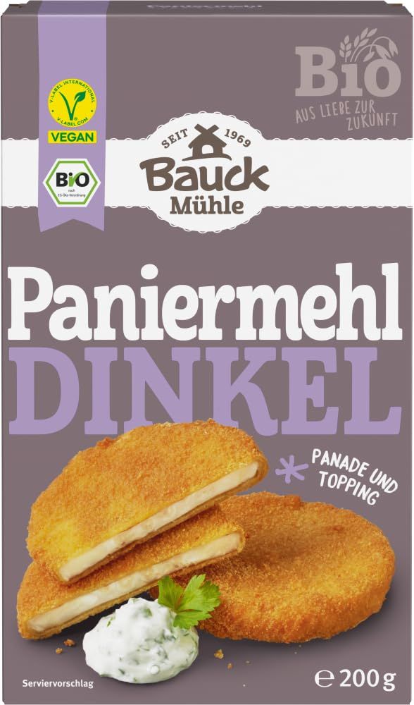 Bauck Mühle Dinkel-Paniermehl Bio Verpackung mit panierten Speisen und Dip.