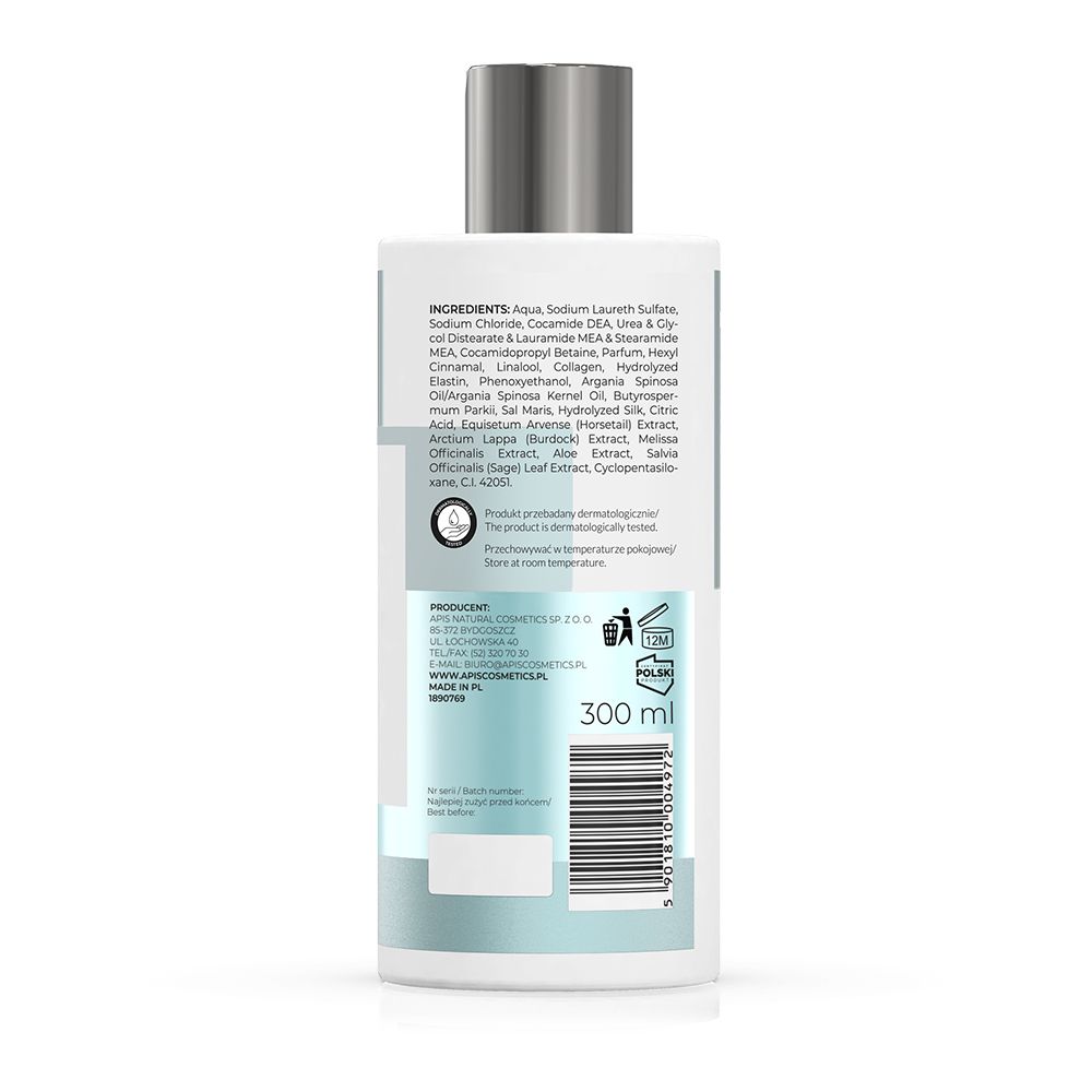 Rückseite der Shampoo-Flasche. Enthält Inhaltsstoffe, Barcode und Text. Türkis-weiße Farbgebung.