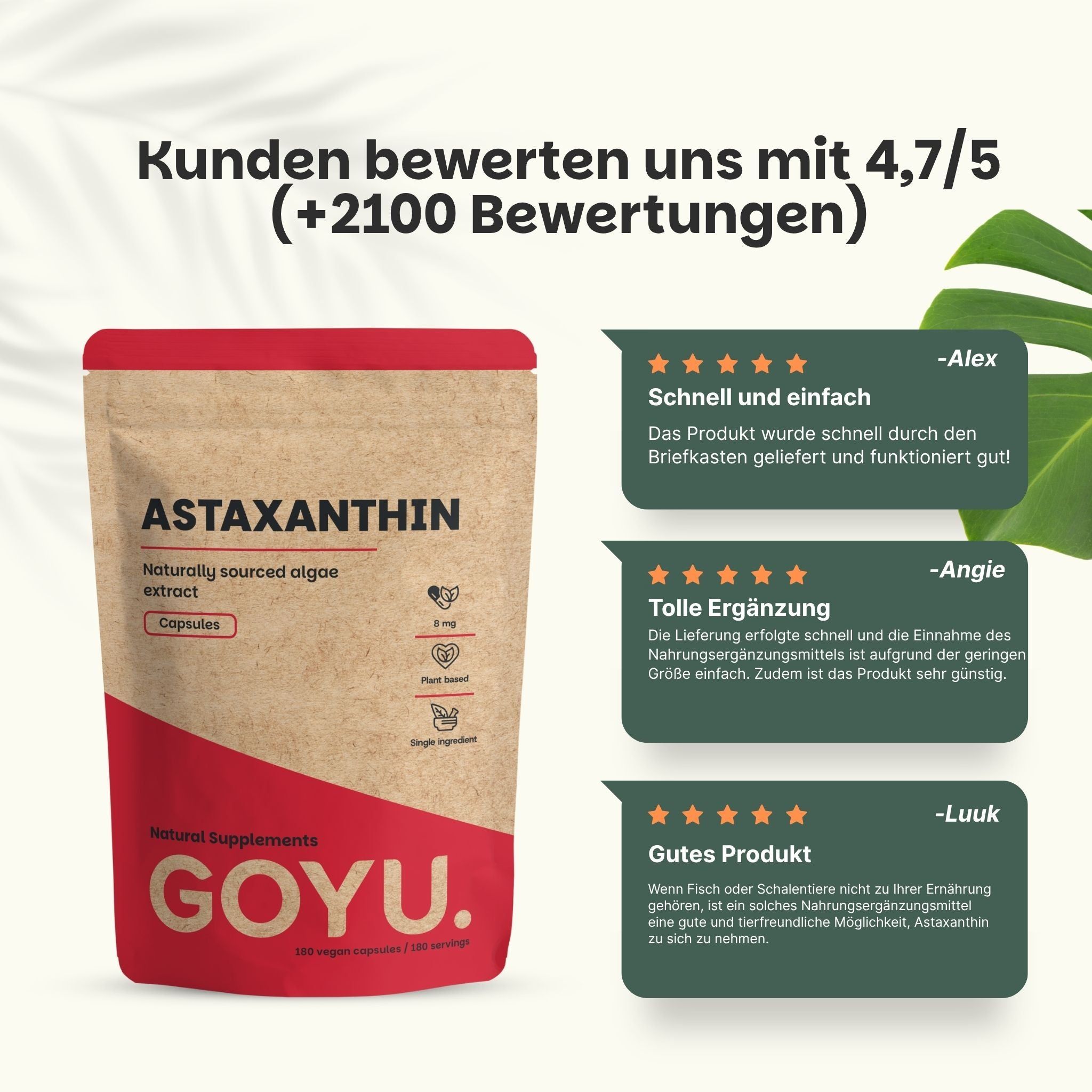 Kunden bewerten uns mit 4,7/5 (+2100 Bewertungen). Zitate von Kunden. Astaxanthin Kapseln. 60 Kapseln.