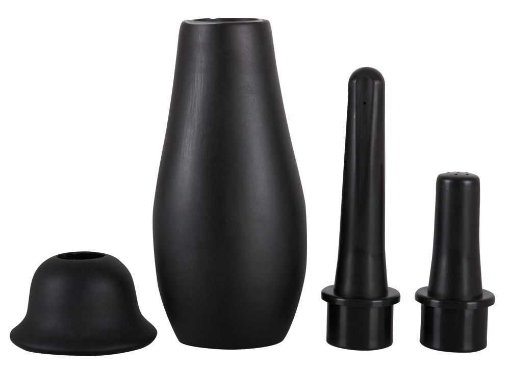Vier schwarze Komponenten: ein birnenförmiger Behälter, ein Aufsatz, und zwei weitere Aufsätze mit unterschiedlichen Formen.