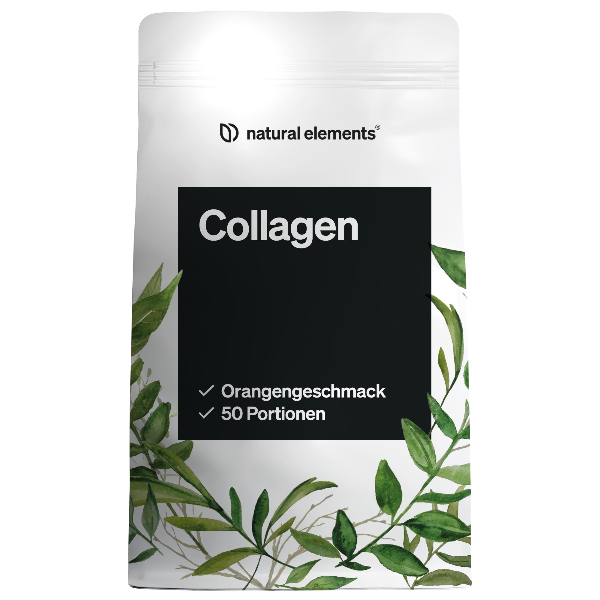 Beutel mit "natural elements" und "Collagen" Aufdruck. Orangen-Geschmack und 50 Portionen sind angegeben. Grünpflanzen-Dekor.