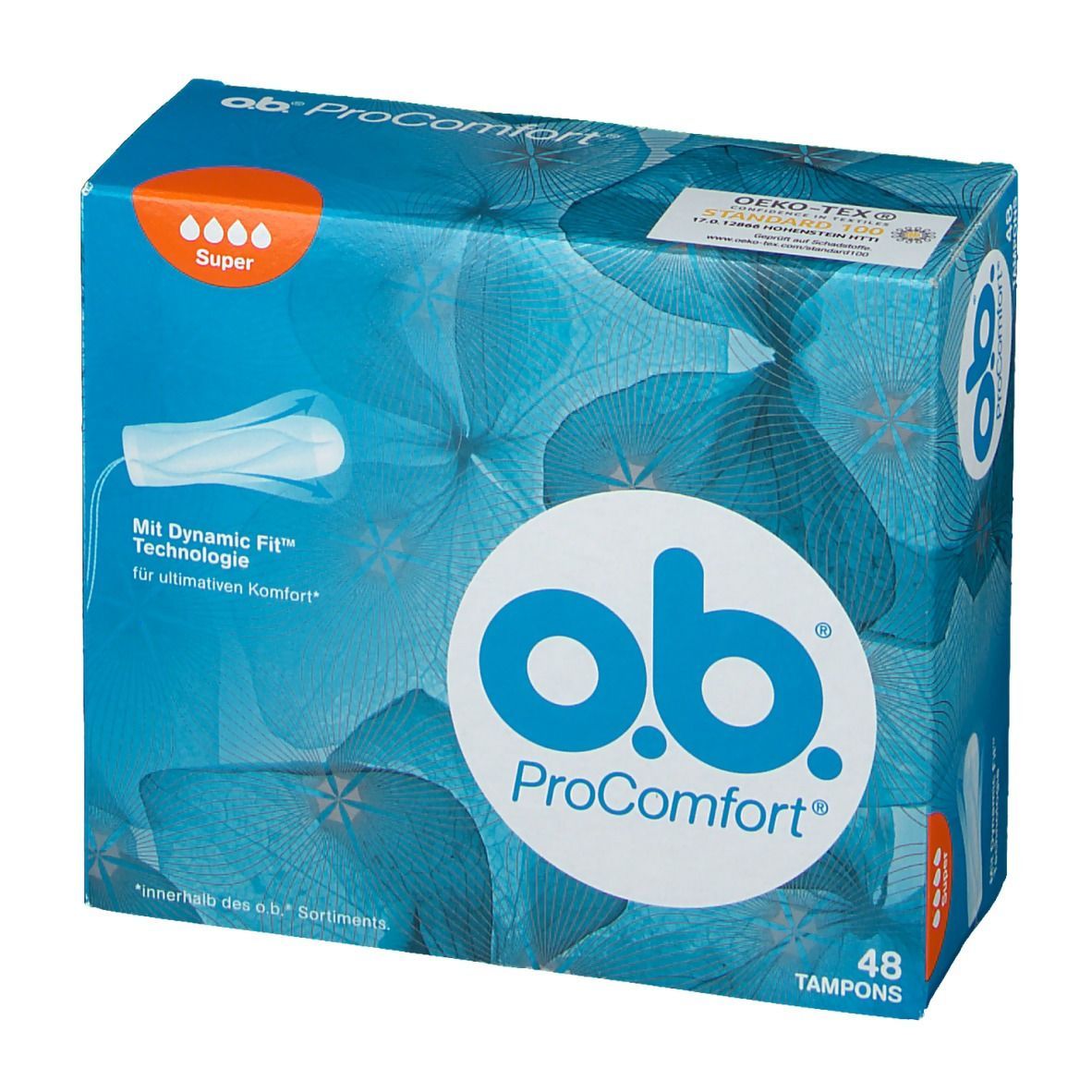 o.b.® ProComfort Super Tampons. Blaue Verpackung. 48 Tampons. Produktabbildung und Text. Oeko-Tex Siegel.