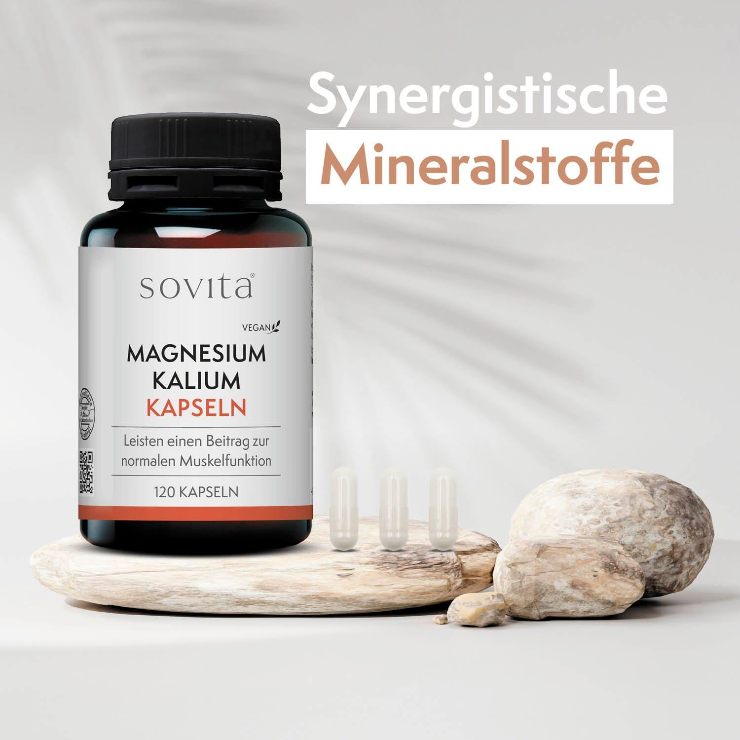 Sovita Magnesium Kalium Kapseln Flasche und 3 Kapseln auf Stein. Text: Synergistische Mineralstoffe, 120 Kapseln.