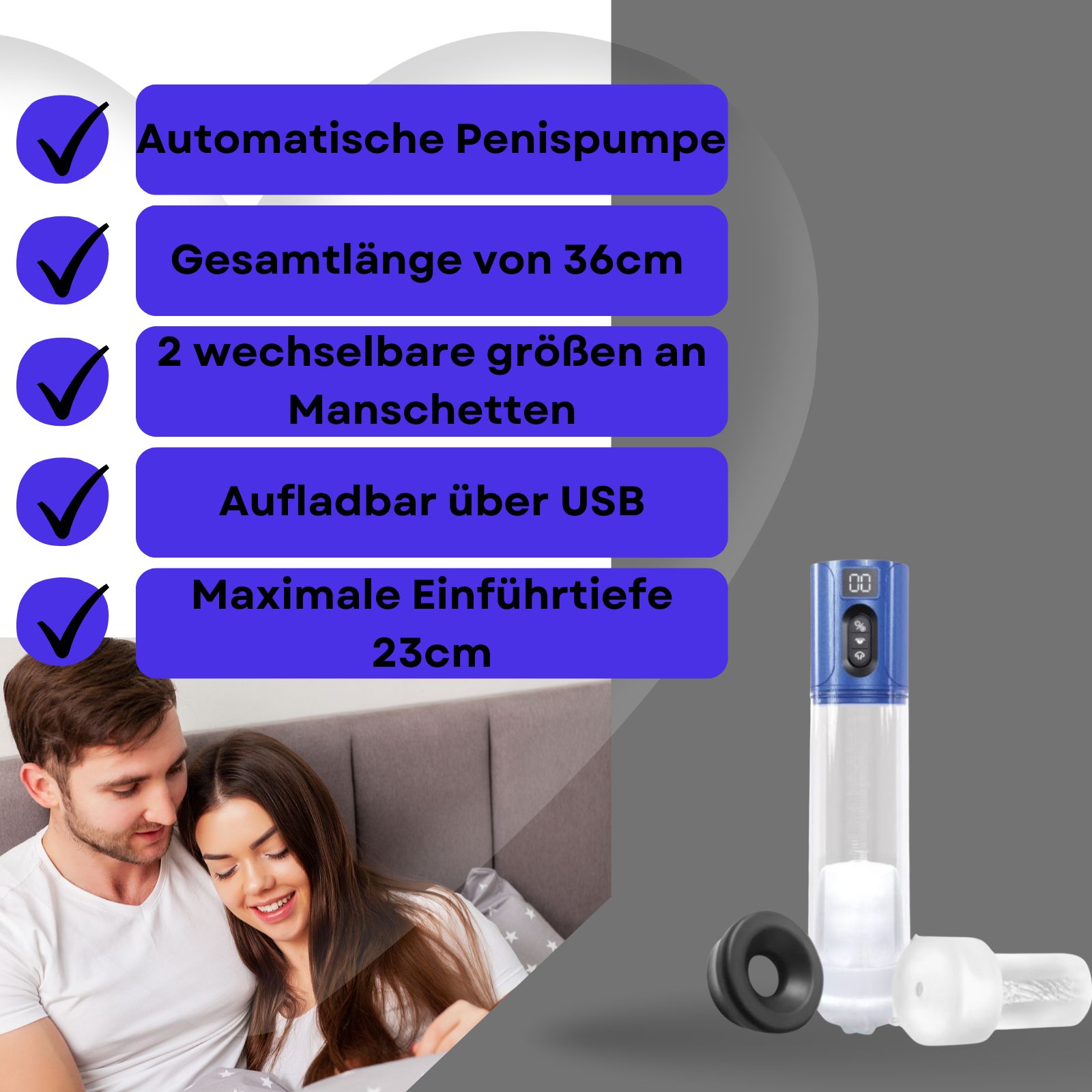 Automatische Penispumpe mit zwei Manschetten. Transparenter Zylinder mit blauer Spitze. Digitalanzeige.