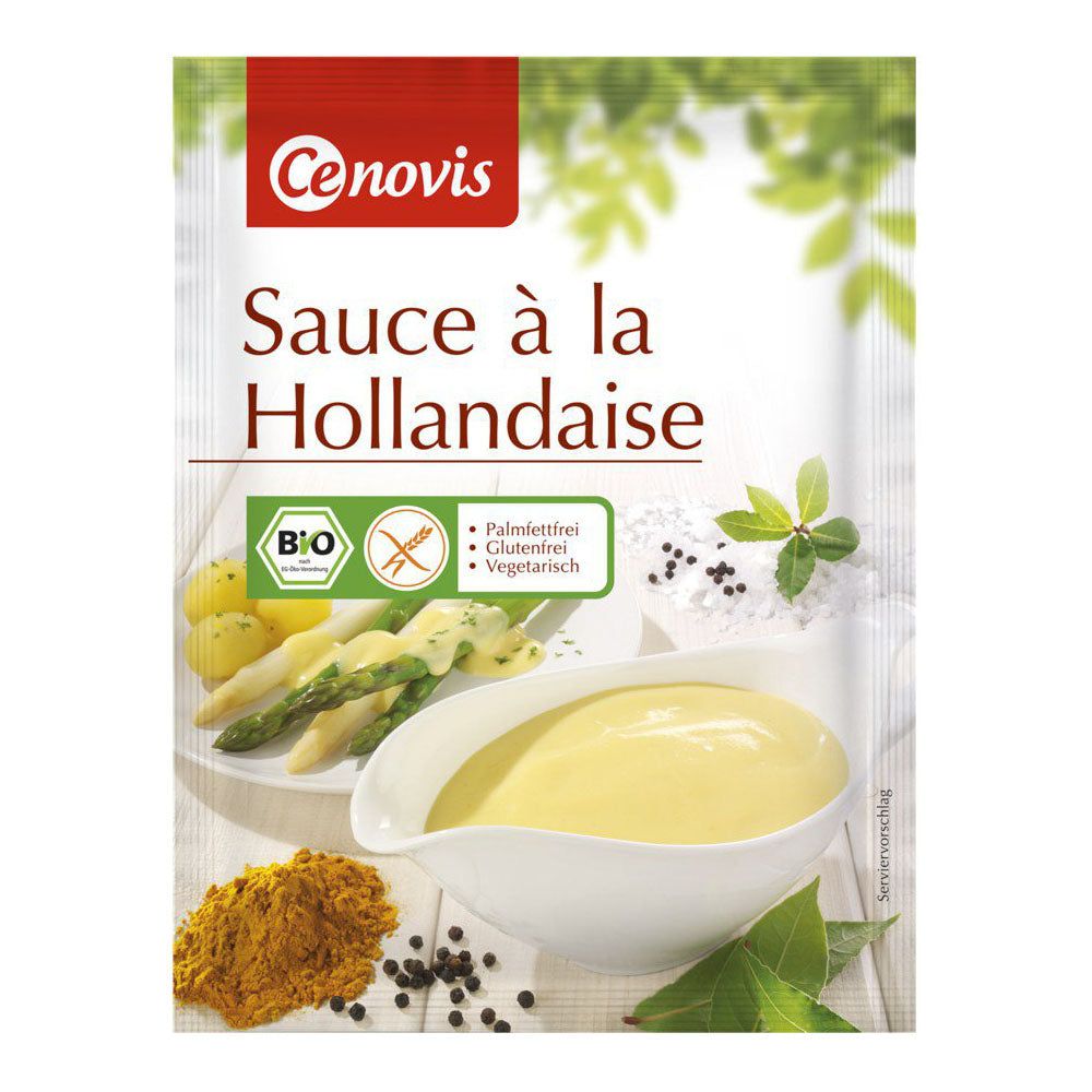 Verpackung mit Cenovis Sauce à la Hollandaise. Aufdrucke: Bio-Siegel, glutenfrei, vegetarisch. Abbildung von Spargel, Sauce und Gewürzen.