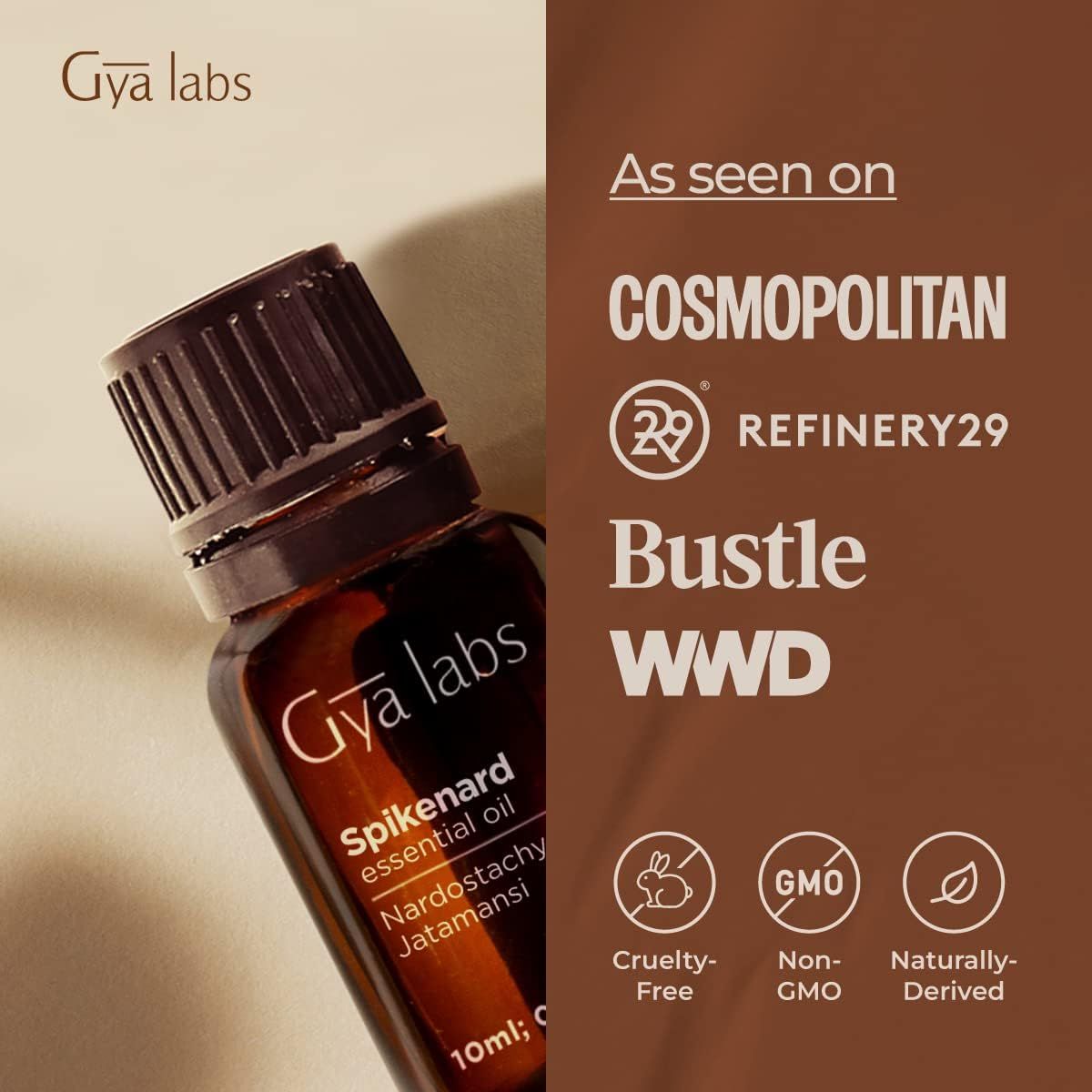 Braune Glasflasche mit Etikett. Text: Gya Labs, Spikenard Essential Oil. Erwähnt in Cosmopolitan, Refinery29, Bustle, WWD. Cruelty-Free, Non-GMO.