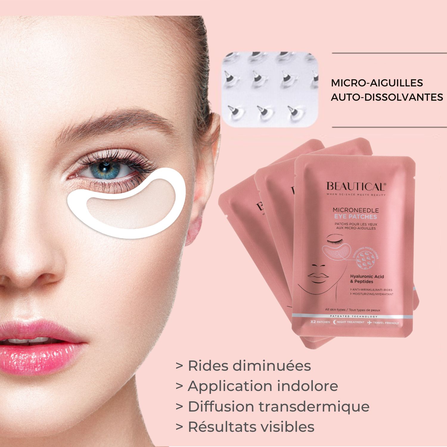 Patchs pour les yeux BEAUTICAL et trois paquets. Micro-aiguilles montrées sur la peau. Texte: Rides diminuées.