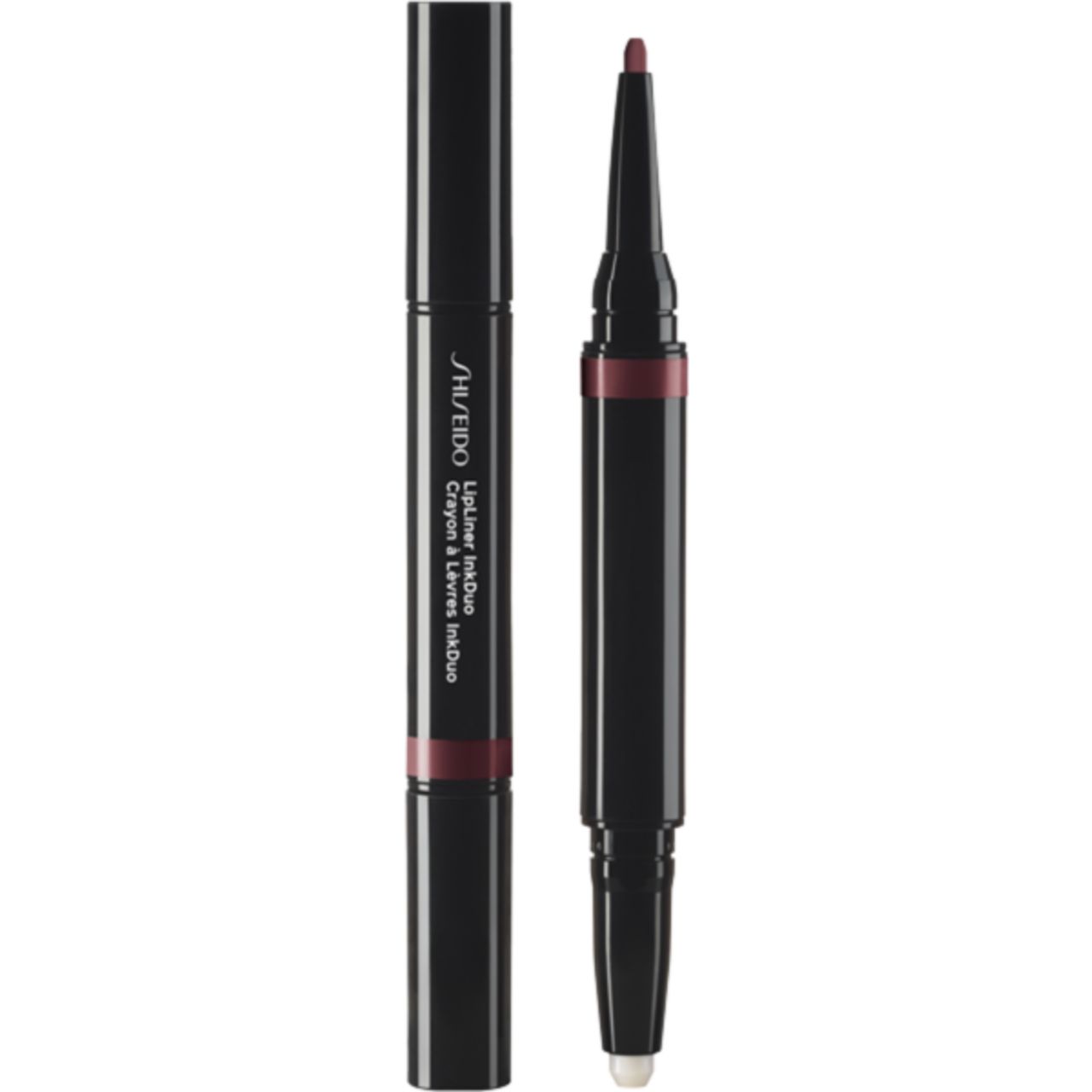 Doppel-Lippenkonturenstift. Schwarzer Stift mit Produktbezeichnung. Auf einer Seite Stift, andere Seite Applikator.