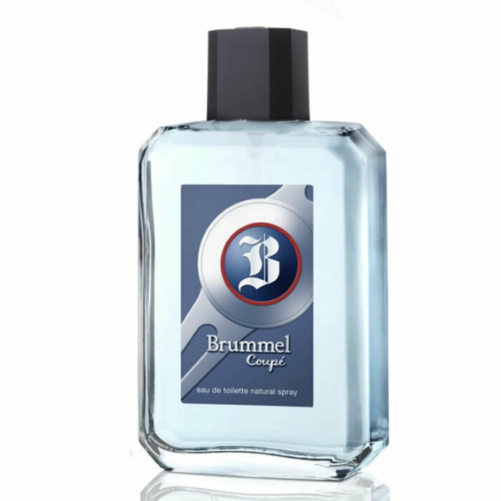 Brummel Coupé Flakon. Rechteckiger Flakon mit schwarzem Verschluss. Blaues Etikett mit Logo.