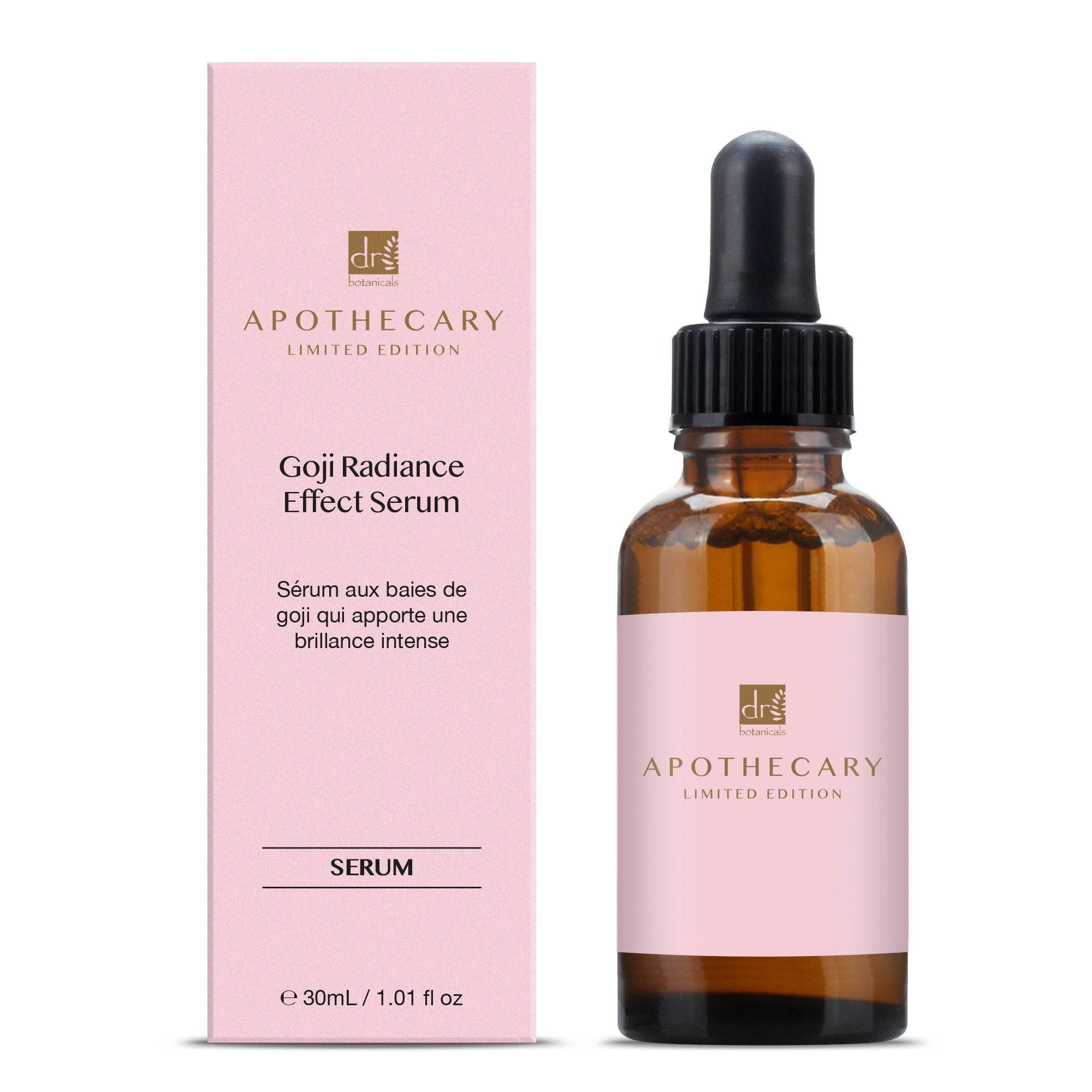 Serumflasche und Verpackung. Braune Glasflasche mit Pipette. Rosa Etikett mit Schriftzug. Rosa Verpackung mit Produktnamen und Logo.