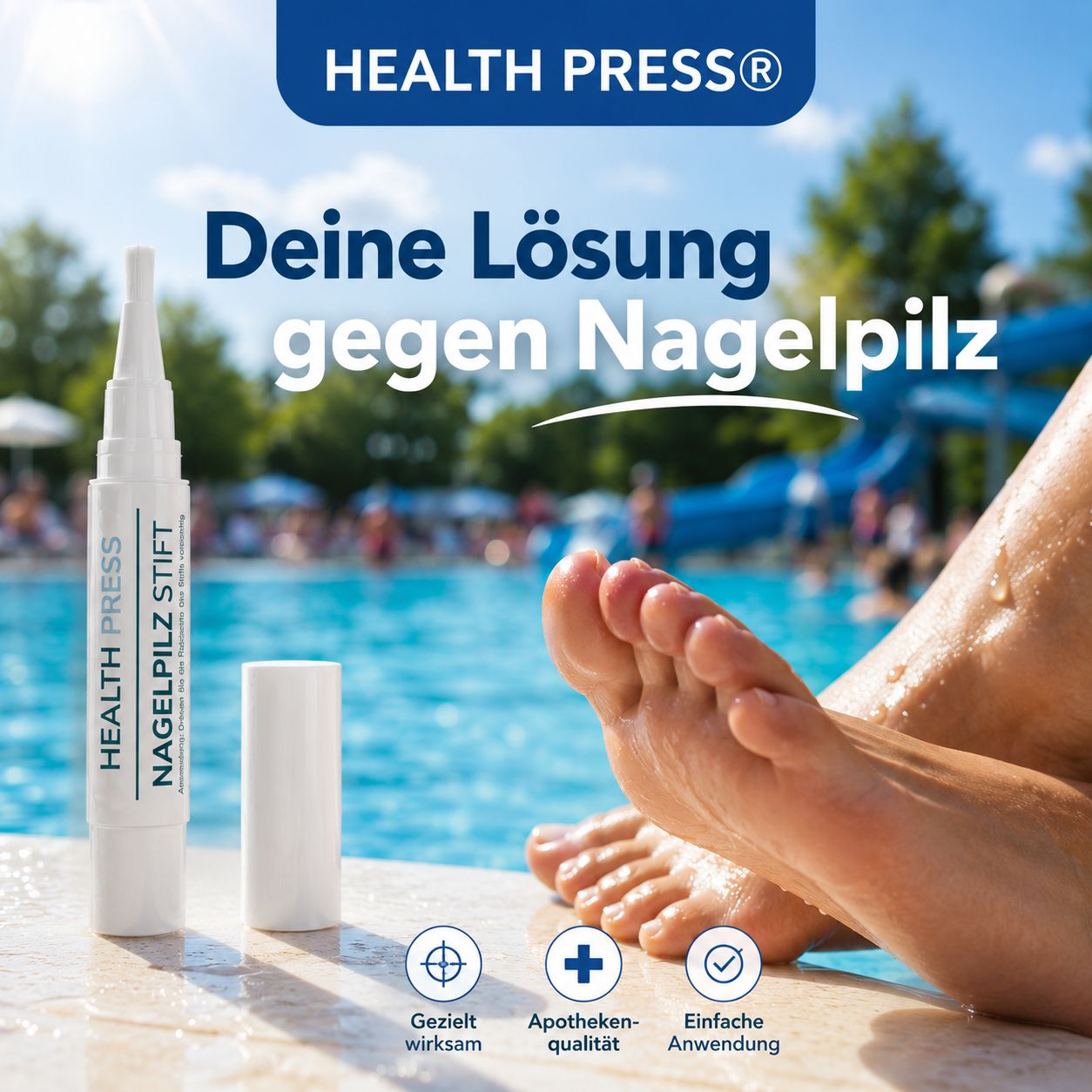 Stift mit Pinselspitze und Kappe. Text: Health Press Nagelpilz Stift. Füße am Pool. Symbole: Apothekenqualität, einfache Anwendung.