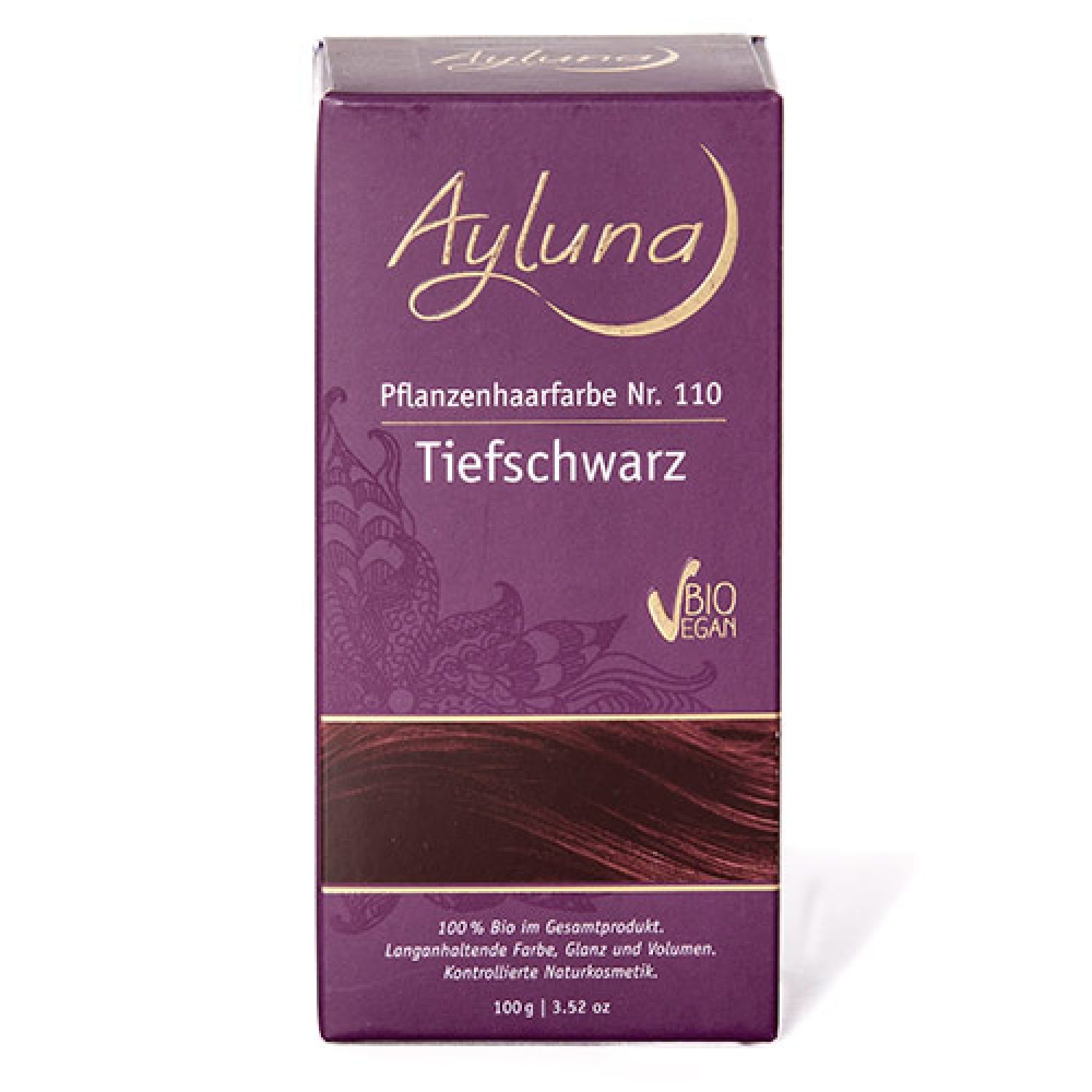 Verpackung mit Produktnamen und -details. Aufschrift: Ayluna Pflanzenhaarfarbe Nr. 110 Tiefschwarz, Bio Vegan.