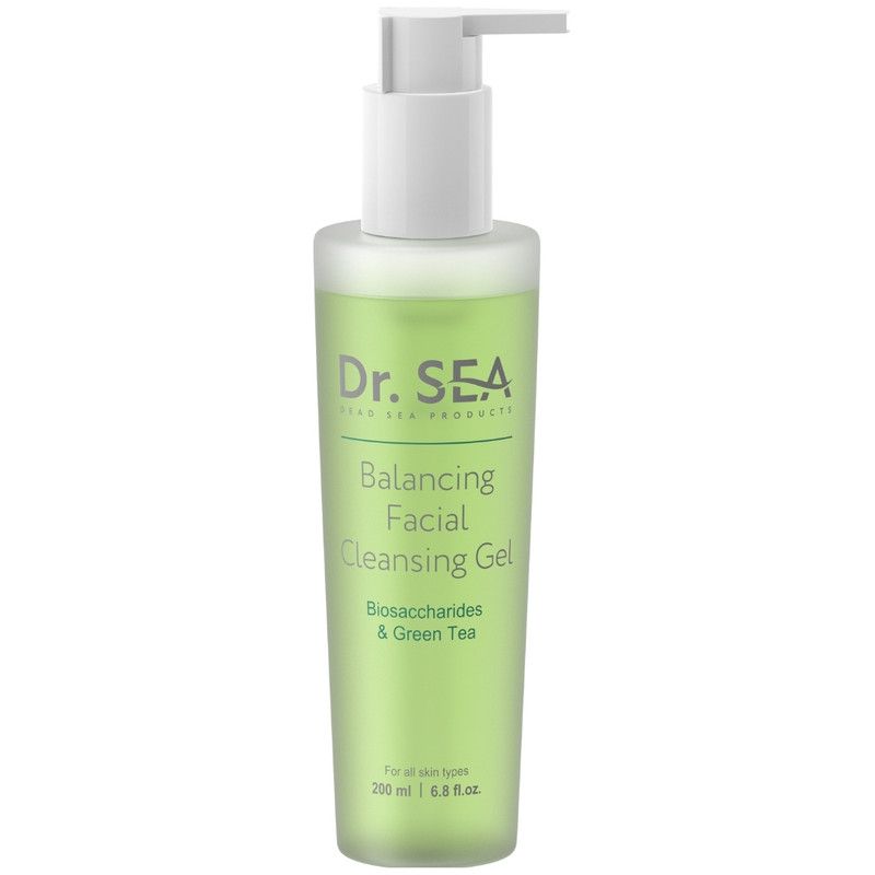 Gel nettoyant vert avec pompe doseuse. Inscription : Dr. SEA, Balancing Facial Cleansing Gel, Biosaccharides & Green Tea.