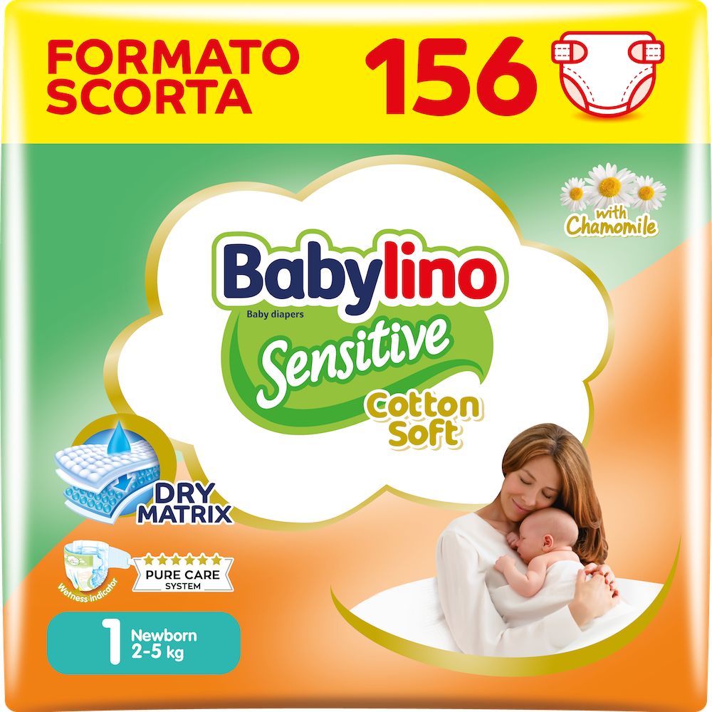 Babylino Sensitive Cotton Soft, Pannolini Neonato Taglia 1, Newborn (2-5Kg), 156 Unità