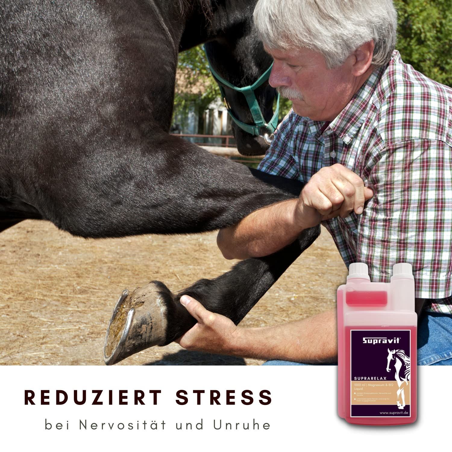 Rosa Flüssigkeit in Flasche. Aufdruck: Supravit, SupraRelax. Mann untersucht Pferdebein. Text: Reduziert Stress.