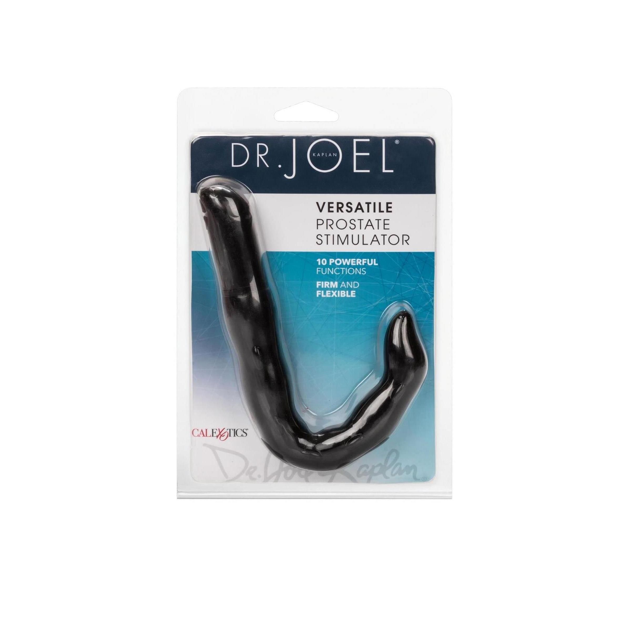 Schwarzer, gebogener Prostata-Stimulator in Blisterverpackung. Aufschrift: Dr. Joel, Versatile Prostate Stimulator, CalExotics.
