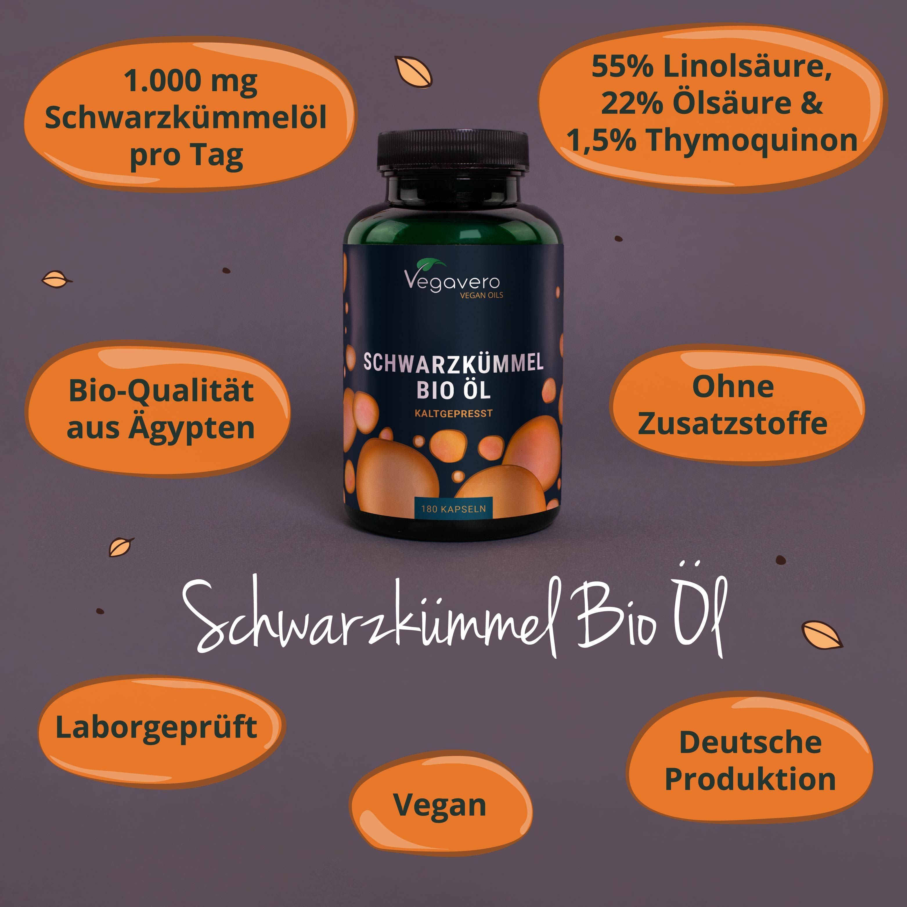 Flasche mit Kapseln. Schwarzkümmel Bio Öl. Angaben zu Inhaltsstoffen. Vegan. Laborgeprüft. Deutsche Produktion.
