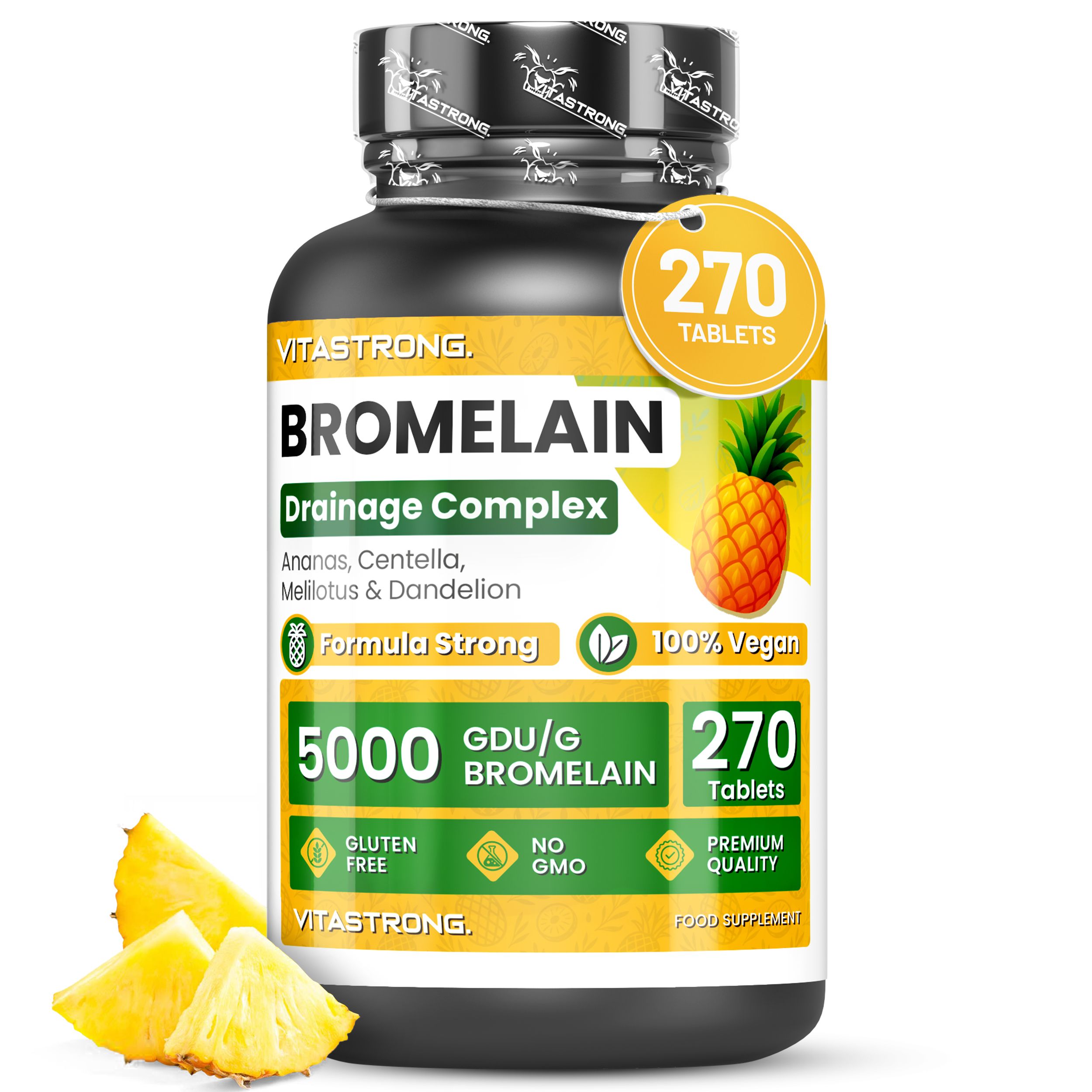 Flasche mit 270 Bromelain-Tabletten, Drainage Complex. Enthält Ananas, Centella, Melilotus & Löwenzahn. 5000 GDU/g Bromelain. Glutenfrei, ohne Gentechnik, 100% vegan.