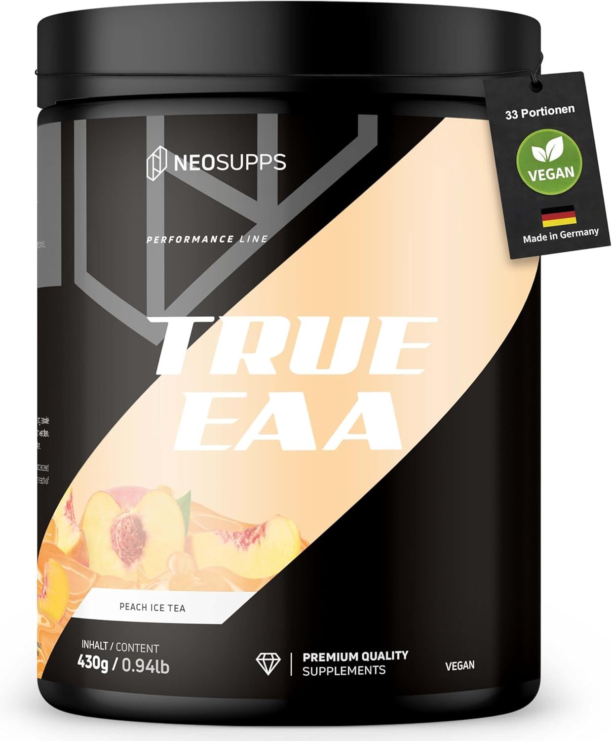 Schwarze Dose "TRUE EAA" mit Etikett. Text: NEOSUPPS, PEACH ICE TEA, 430g/0.94lb, PREMIUM QUALITY SUPPLEMENTS, VEGAN, 33 Portionen, Made in Germany.