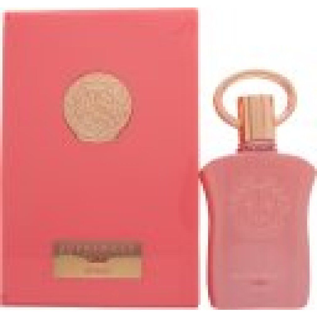 Rosa Flakon mit goldfarbenem Verschluss und Ring, neben einer passenden rechteckigen Verpackung. Goldene Details.