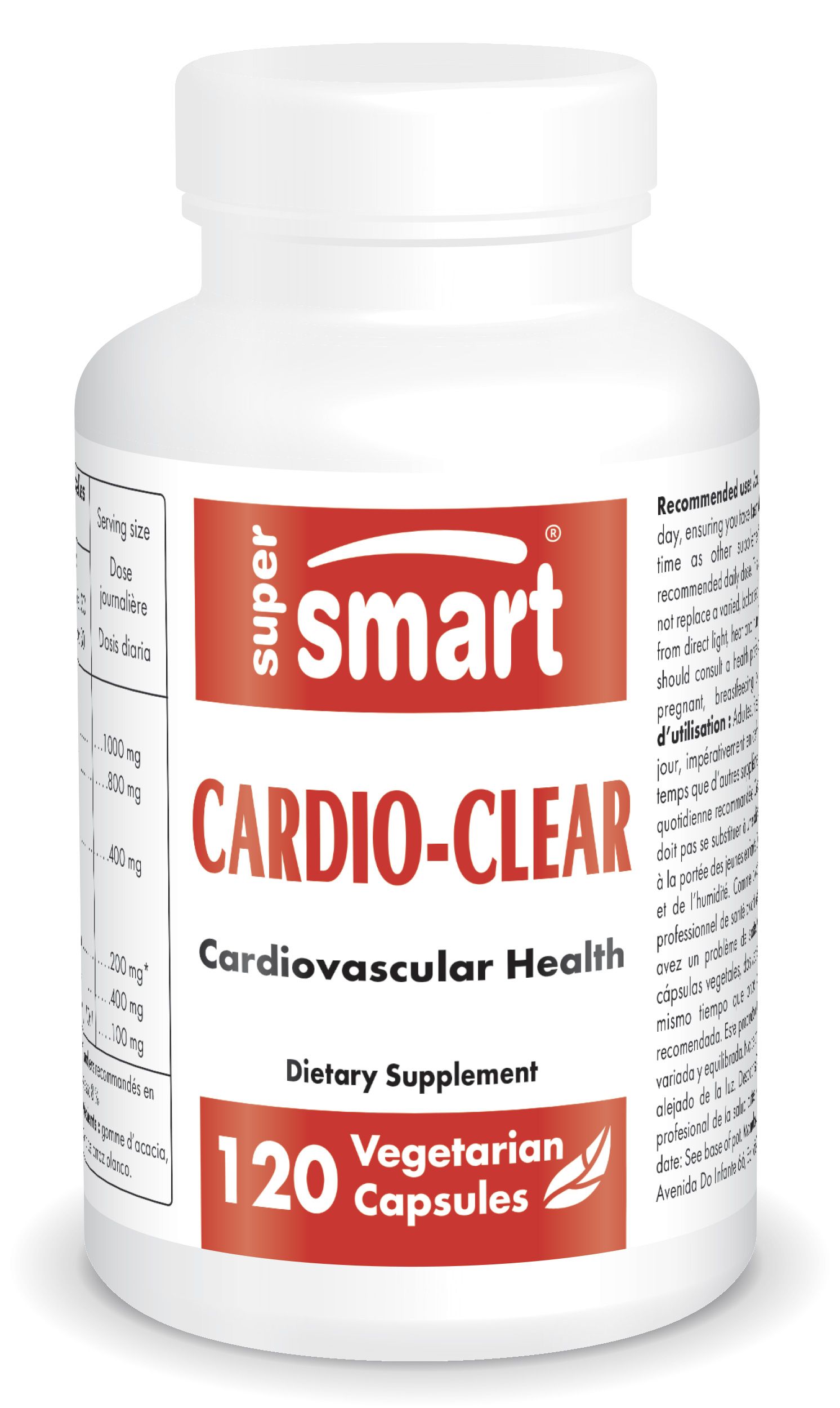 Cardio-Clear-Flasche mit Etikett. 120 vegetarische Kapseln. SuperSmart-Logo. Weißer Deckel.