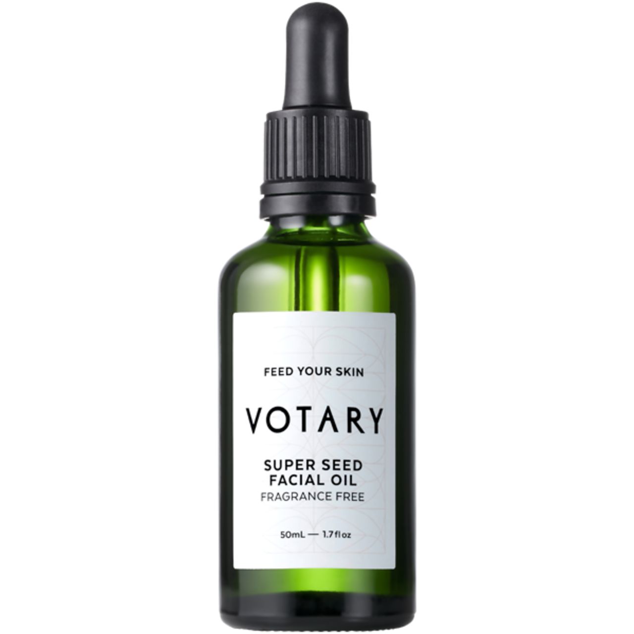 Grüne Glasflasche mit schwarzem Tropfer. Etikett mit "Votary Super Seed Facial Oil Fragrance Free".