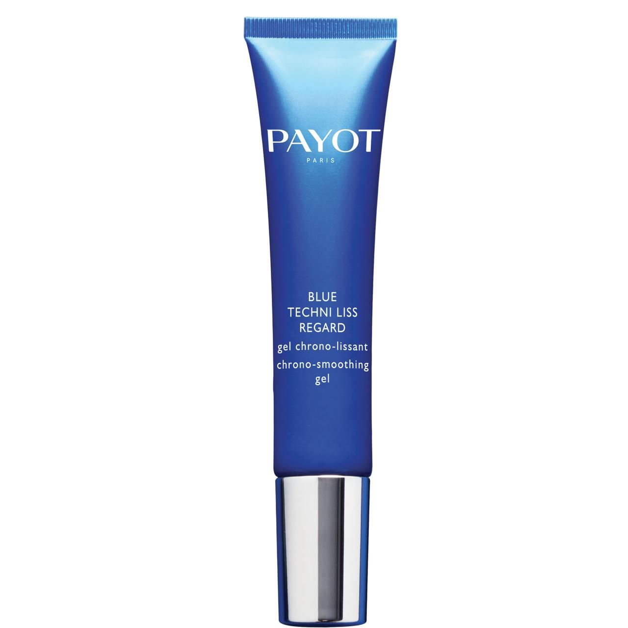 Blaue Tube mit silbernem Verschluss. Aufschrift: PAYOT, BLUE TECHNI LISS REGARD, chrono-smoothing gel.
