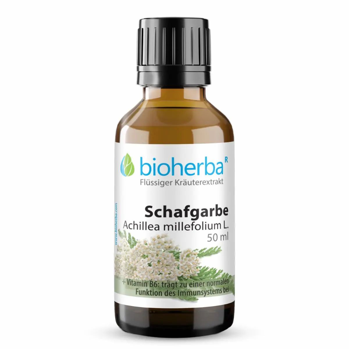 Braune Glasflasche mit schwarzem Deckel. Etikett mit Produktname, Logo und Text. Enthält Kräuterextrakt.