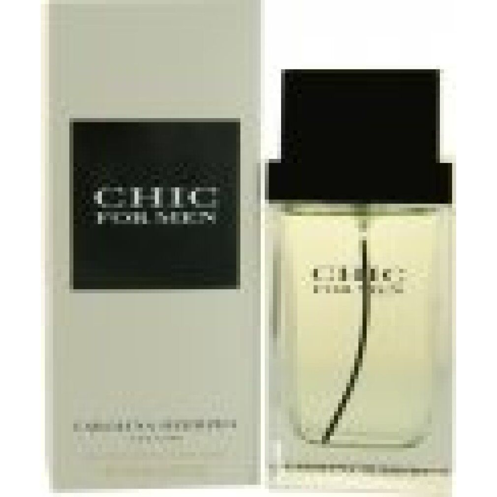 Flakon und Verpackung. Aufschrift: CHIC FOR MEN und CAROLINA HERRERA. Rechteckige Form.