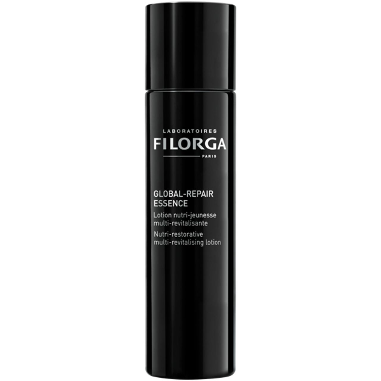 Schwarze Flasche mit Filorga Global-Repair Essence-Etikett. Text: Lotion nutri-jeunesse multi-revitalisante.