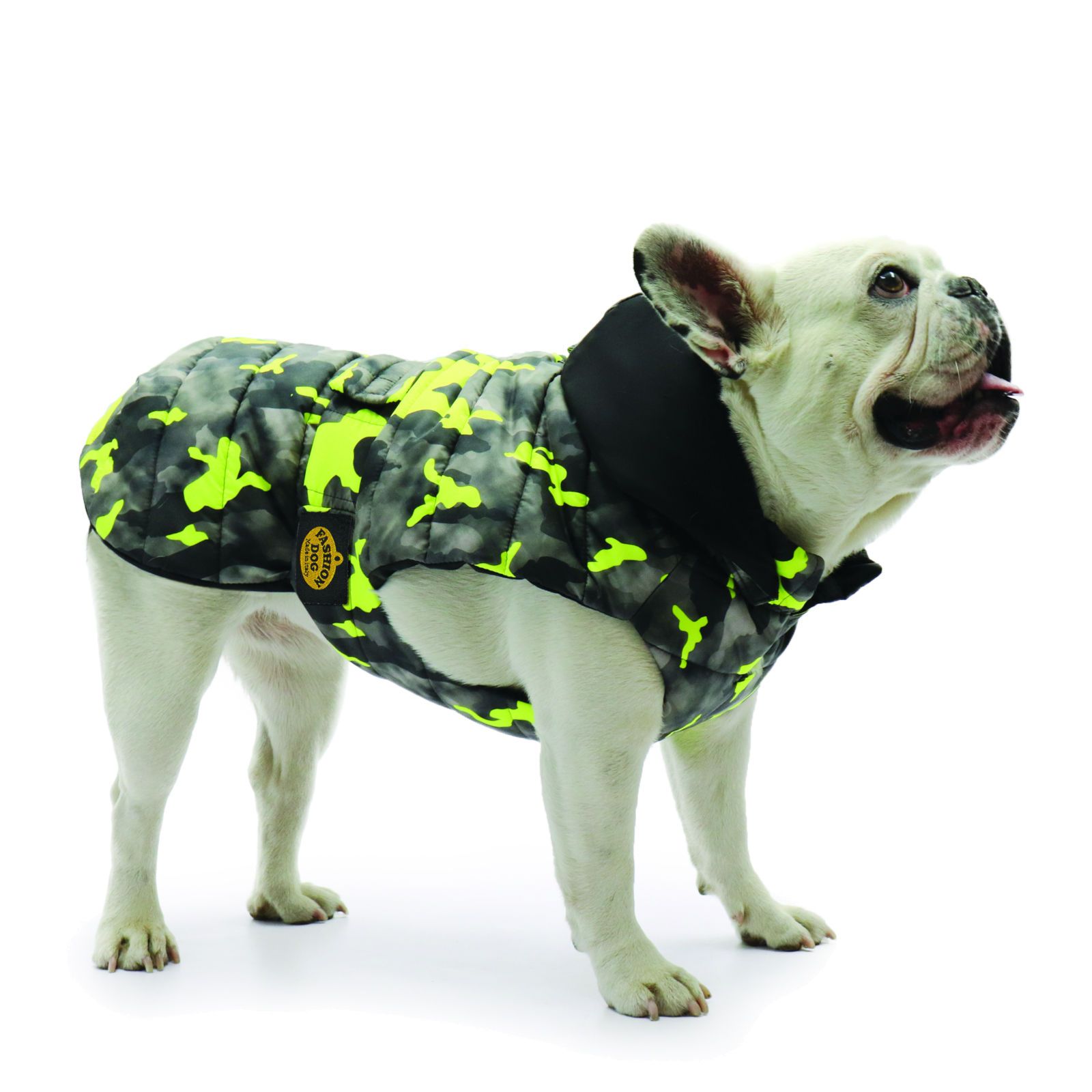 Hunde-Steppmantel, Camouflage-Muster, gelb-grau. Schwarzer Kragen. Hund trägt Mantel. Gelbes Logo.