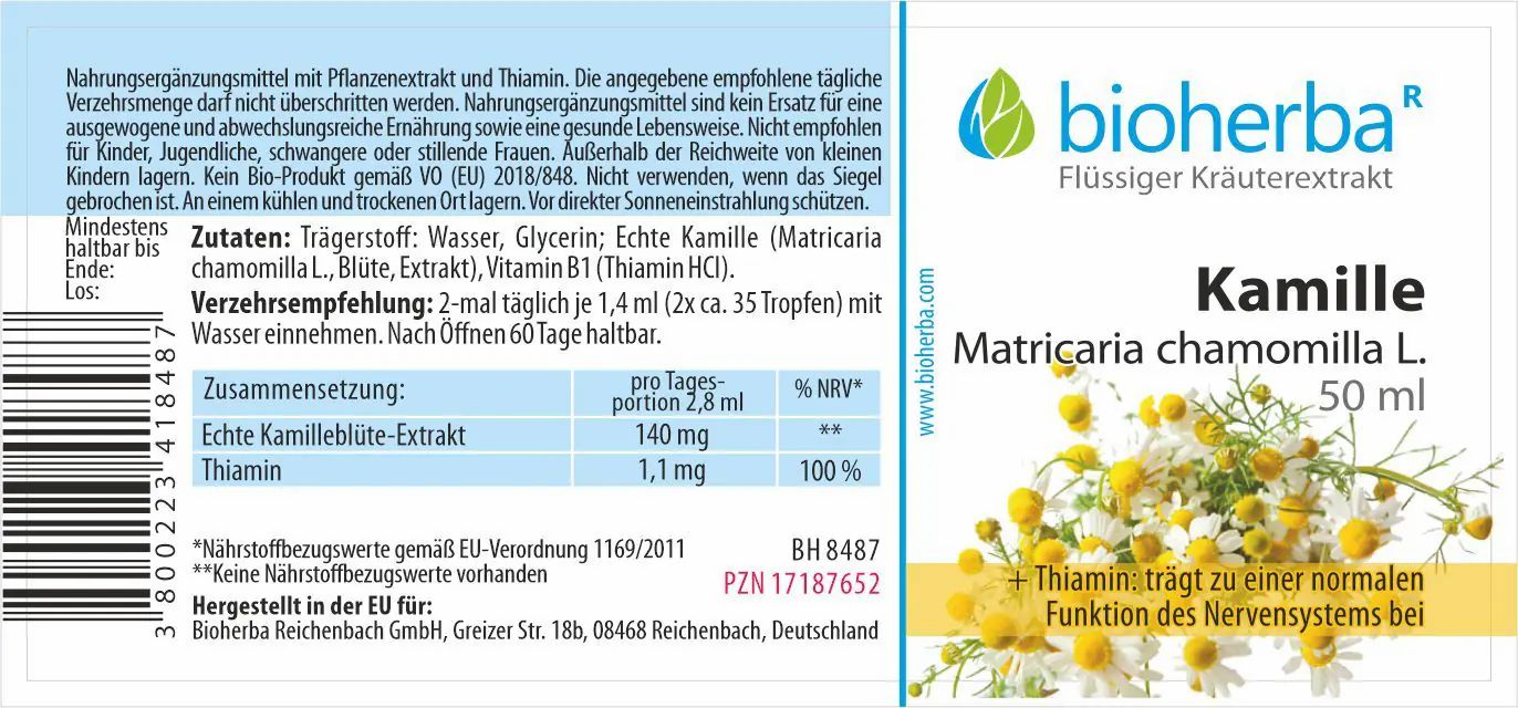 Etikett mit Produktinformationen, Kamille-Illustration und Markenlogo. Enthält Text über Inhaltsstoffe und Dosierung.