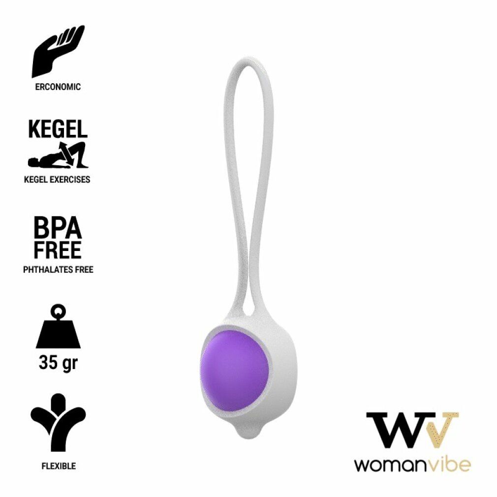 Beckenboden Trainingsgerät mit lila Kugel, weißer Hülle und Schlaufe. Logos.