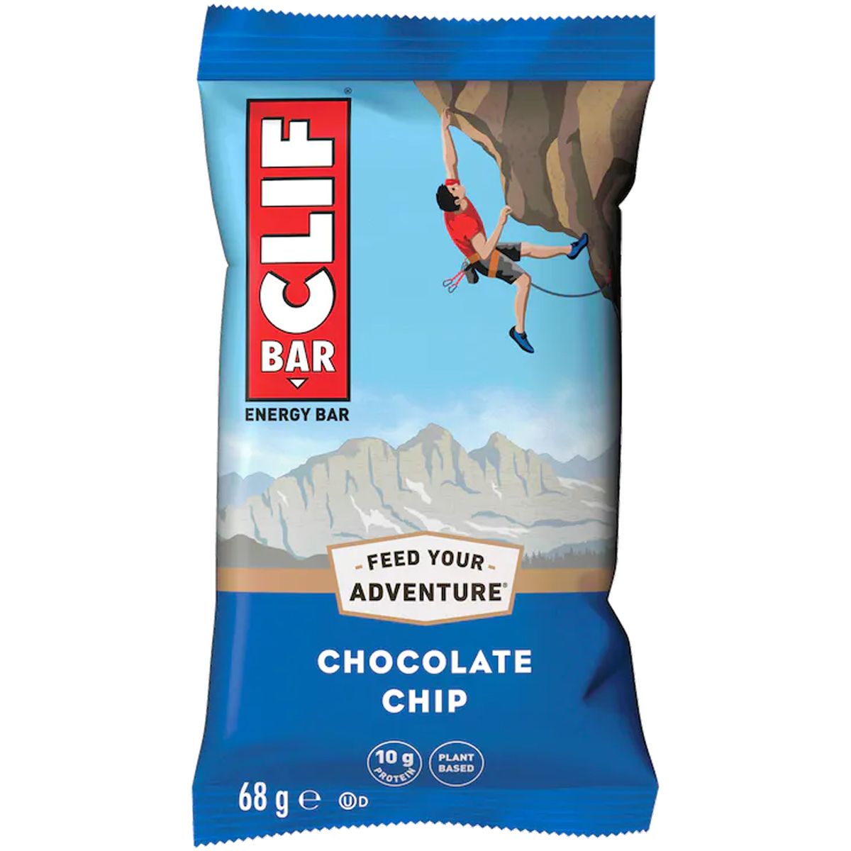 Verpackung eines CLIF BAR. Blau, mit Aufdruck. Enthält 10g Protein und ist pflanzlich. Aufschrift: Chocolate Chip, 68g.
