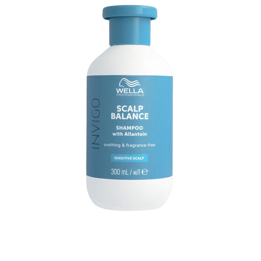 Weiße Flasche mit blauem Deckel. Aufkleber mit Produktinformationen: Wella Professionals Invigo Scalp Balance Shampooing.