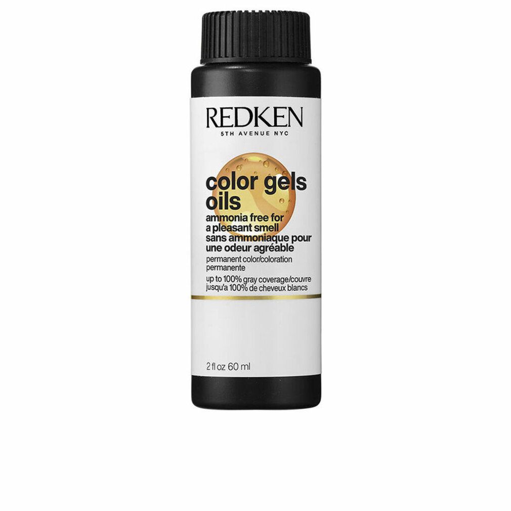 Eine Flasche Redken Color Gels Oils. Schwarzer Deckel, weißer Körper mit Produktinformationen. Enthält 60 ml.