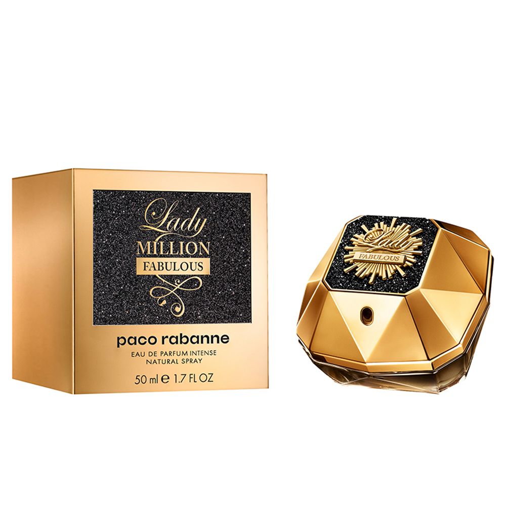 Goldfarbener Flakon und Schachtel. Aufschrift "Lady Million Fabulous". Schwarzer Deckel.