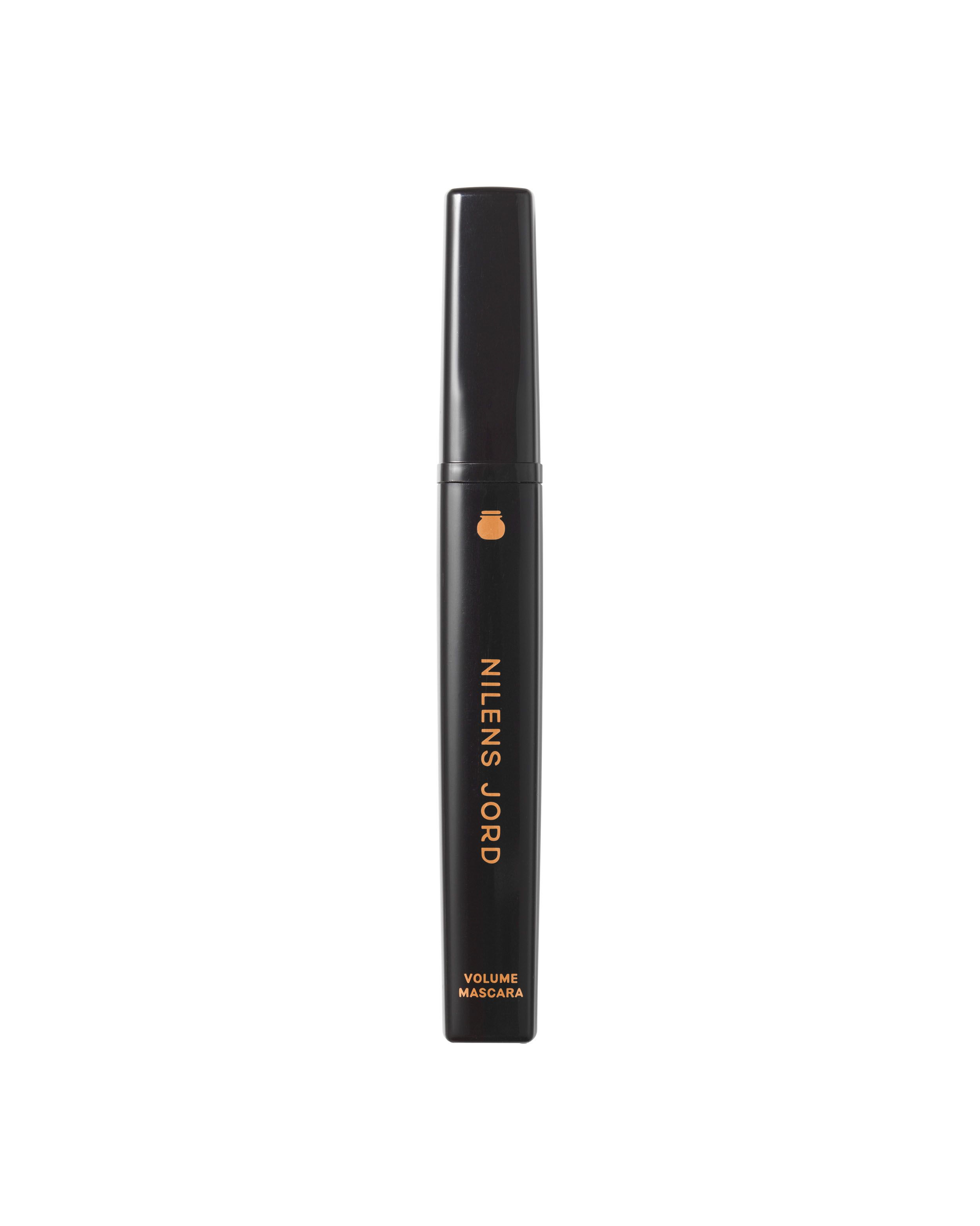 Nilens Jord Volume Mascara: geschlossener schwarzer Behälter mit goldenem Logo und Text.