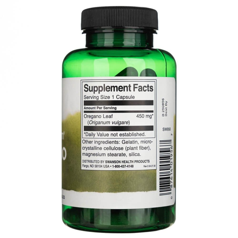 Rückseite einer grünen Flasche mit Swanson Oregano Supplement Facts, 450 mg pro Portion.