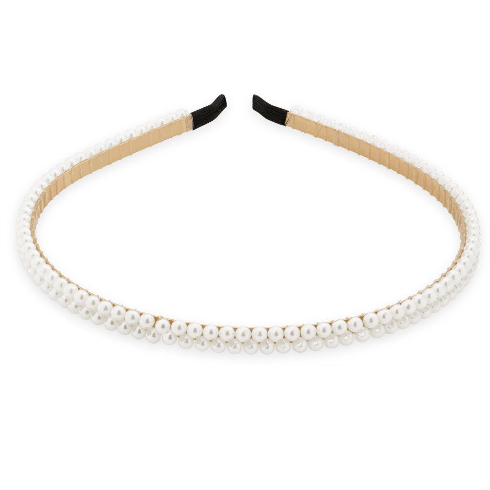 Perlenstirnband. Weißes Perlenband, goldfarbener Rahmen, schwarze Enden. Rundes Design.
