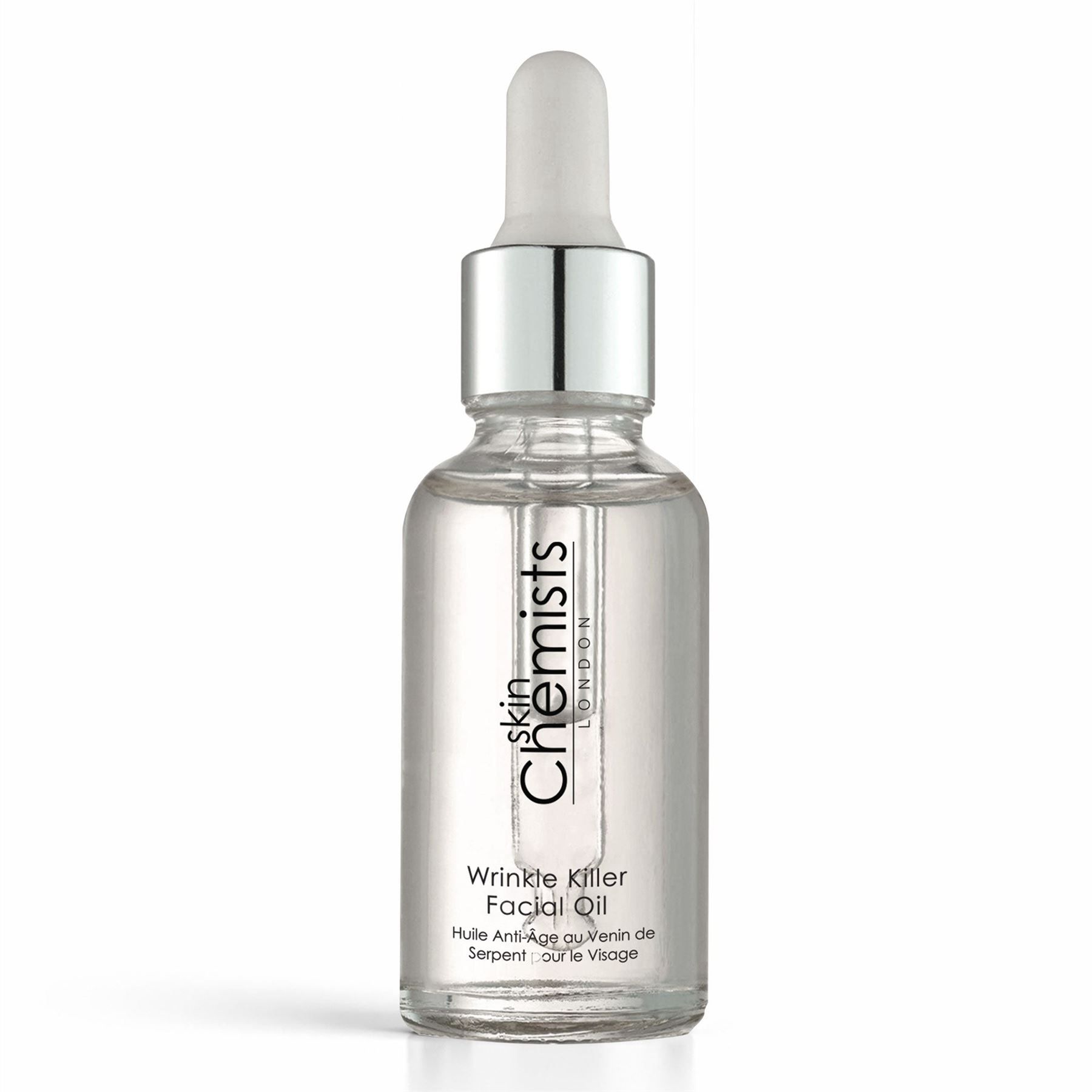 SkinChemists Faltenbekämpfendes Anti-Aging-Gesichtsöl in Glasflasche mit Pipette.